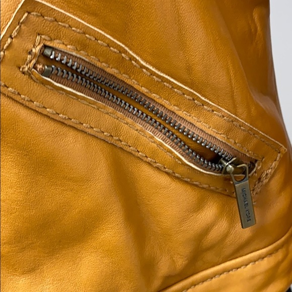 Michael KORS Leather Moto Jacket Biker Coat MK Khaki Cargo Zipper Retro City VTG - Picture 12 of 16